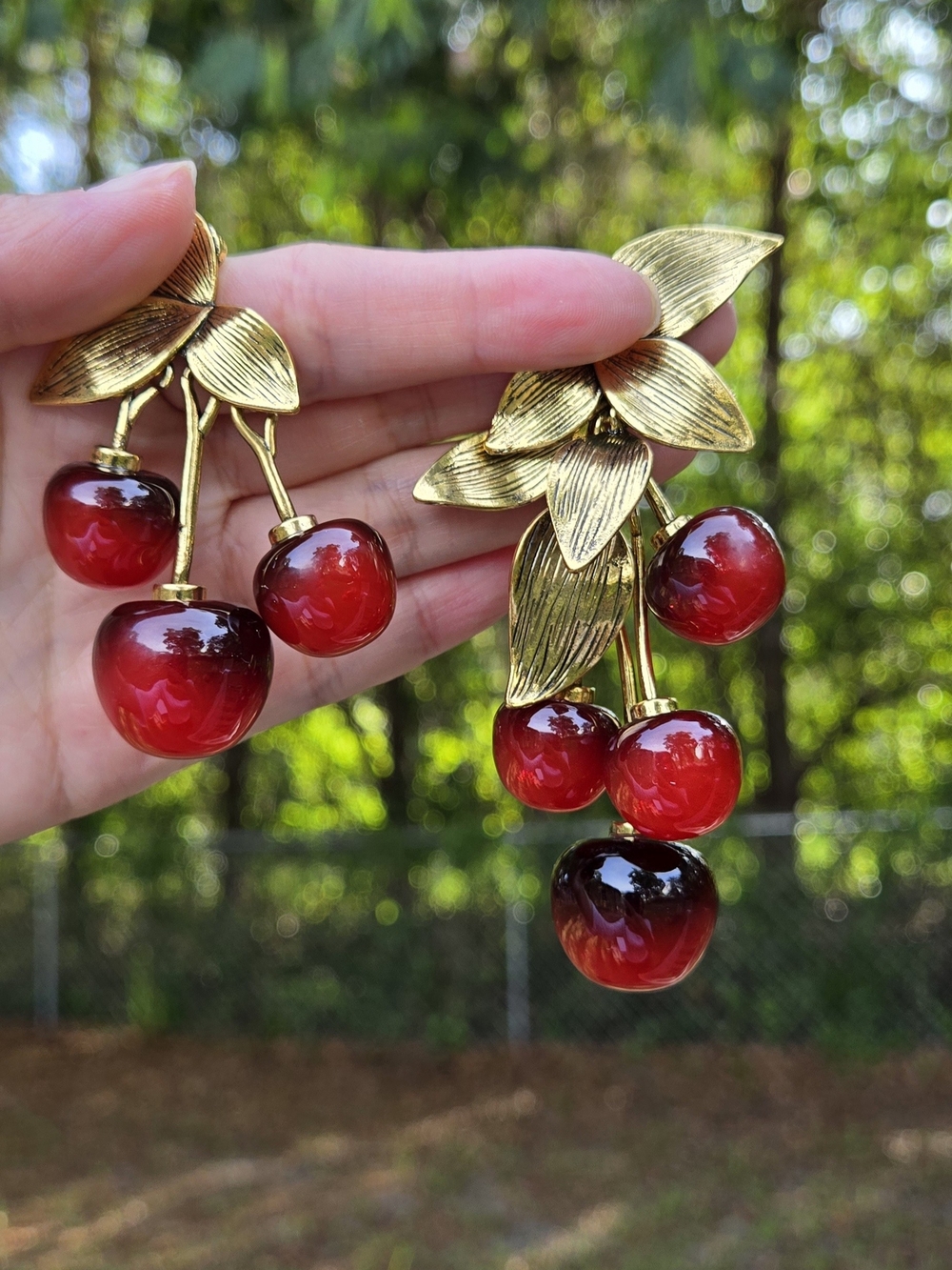 Runway Style Gold-Tone Cherry Drop Earrings with Red Glass Cherries